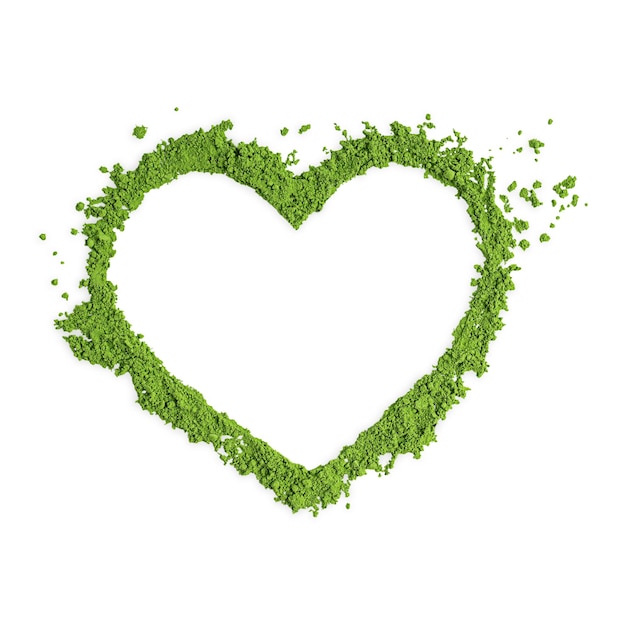 Pile of healthy matcha ground powder of green tea leaves arranged in heart shape isolated on white