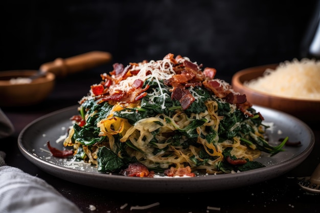 Pile of homemade past with smoky bacon spinach and parmesan created with generative ai