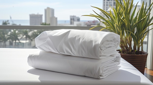 A pile of hotel bed towel sheets with a bright airy and modern hotel background