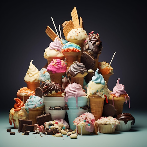 a pile of ice creams and ice creams are stacked up