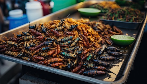 A pile of insects on a tray with a lime on the side