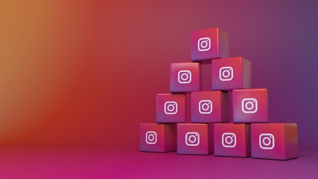 Photo pile of instagram cube logos over colorful gradient background