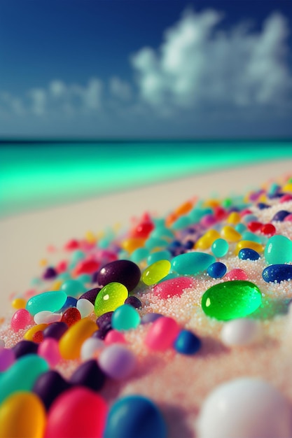Pile of jelly beans sitting on top of a sandy beach generative ai