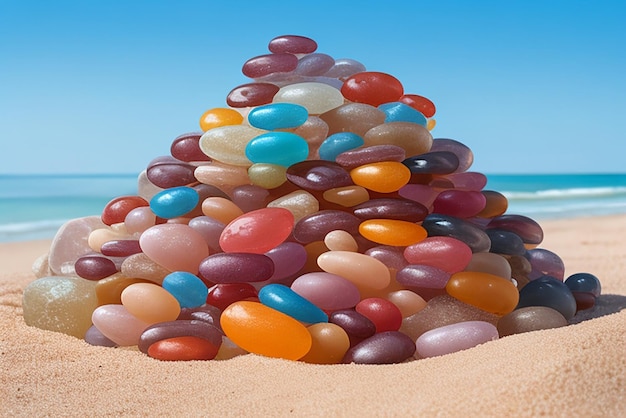 Pile of jelly beans sitting on top of a sandy beach
