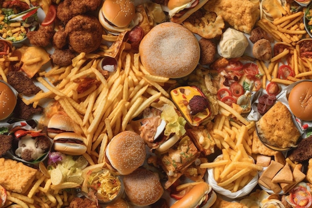 A pile of junk food including hamburgers, fries, and other junk.