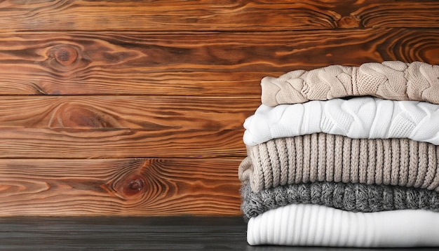 Pile of knitted winter clothes on wooden background sweaters knitwear space for text