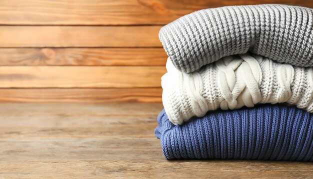 Photo pile of knitted winter clothes on wooden background sweaters knitwear space for text