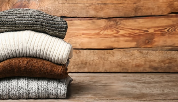 Pile of knitted winter clothes on wooden background sweaters knitwear space for text