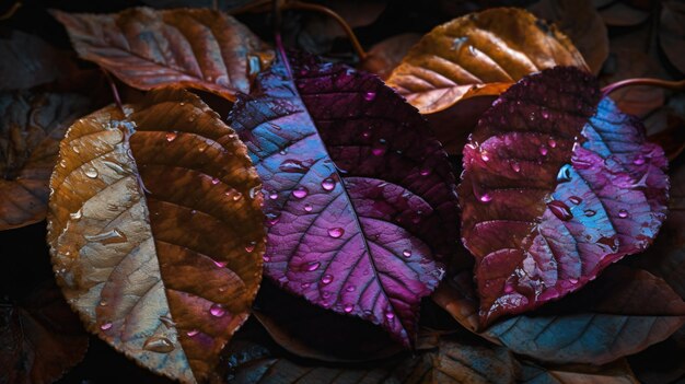 A pile of leaves with water drops on them