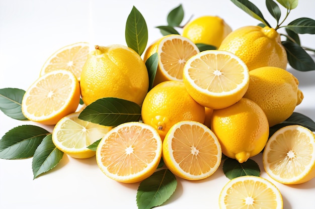 A pile of lemons with green leaves on the top