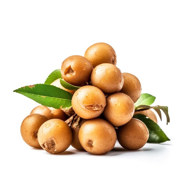 A pile of longan fruit with leaves on the top