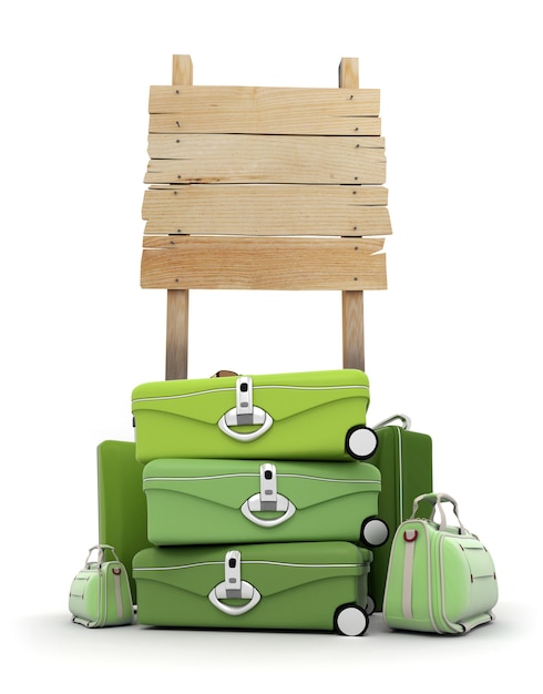 Pile of luggage by a wooden sign