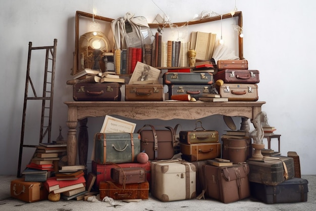 A pile of luggage is on a table with a lamp on the wall.