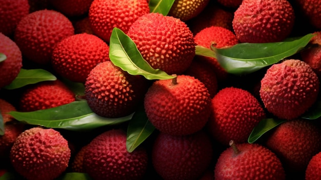 A pile of lychee fruits with green leaves