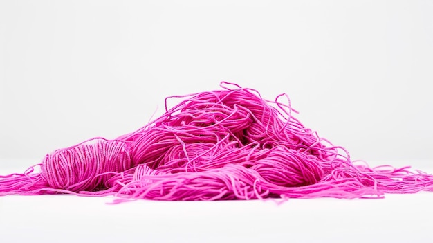 Photo pile of magenta threads on white background