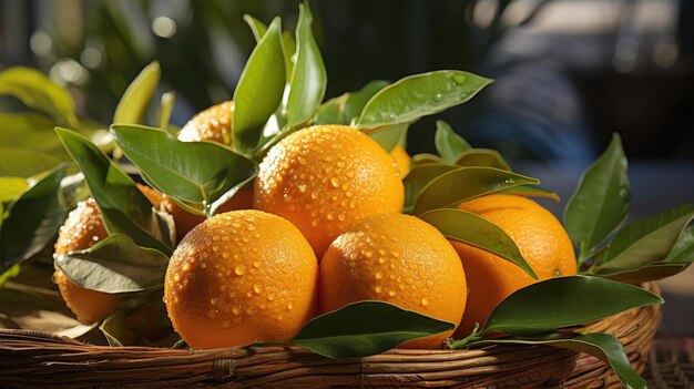 Pile of mandarin fruit on the table with leaf ornamentation