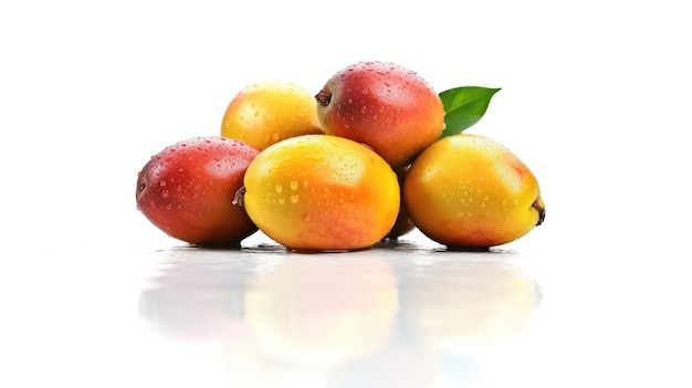 A pile of mangoes with a leaf on the top