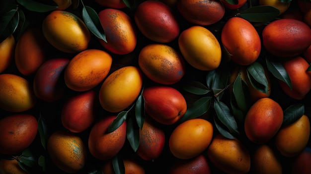 A pile of mangoes with leaves on them