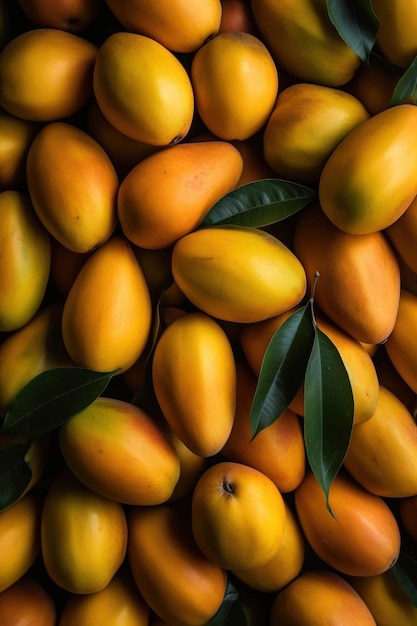 A pile of mangoes with leaves on the top