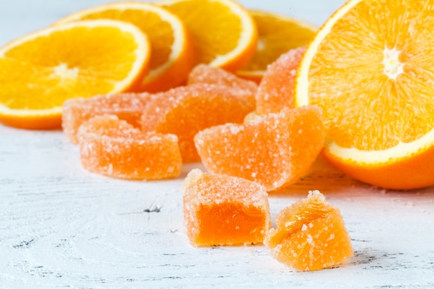 Pile of marmelad candy on table