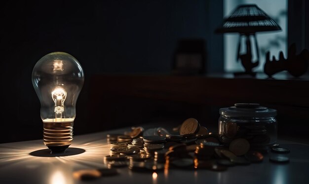 A pile of metal coins on the table A light bulb switched on stands nearby Dark backdrop Generative AI