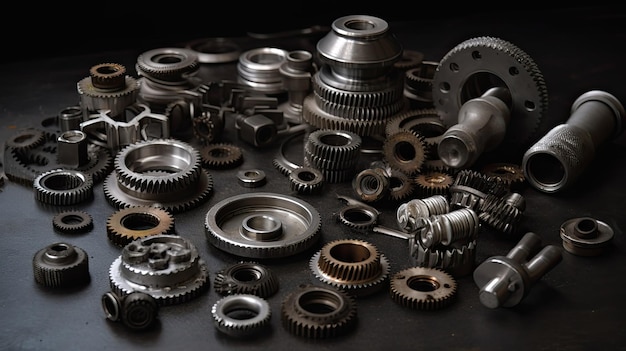 A pile of metal gears with a black background.