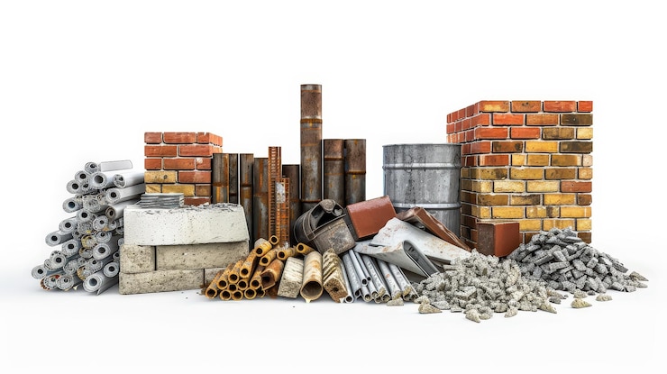 Photo a pile of metal pipes and pipes next to a pile of bricks