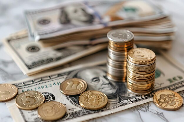 A pile of money sitting on top of a pile of coins