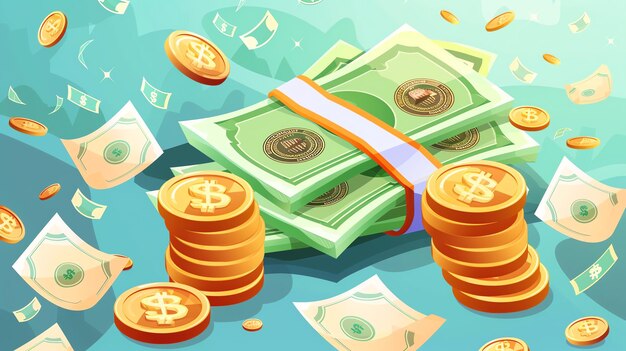 Photo a pile of money with coins falling around it