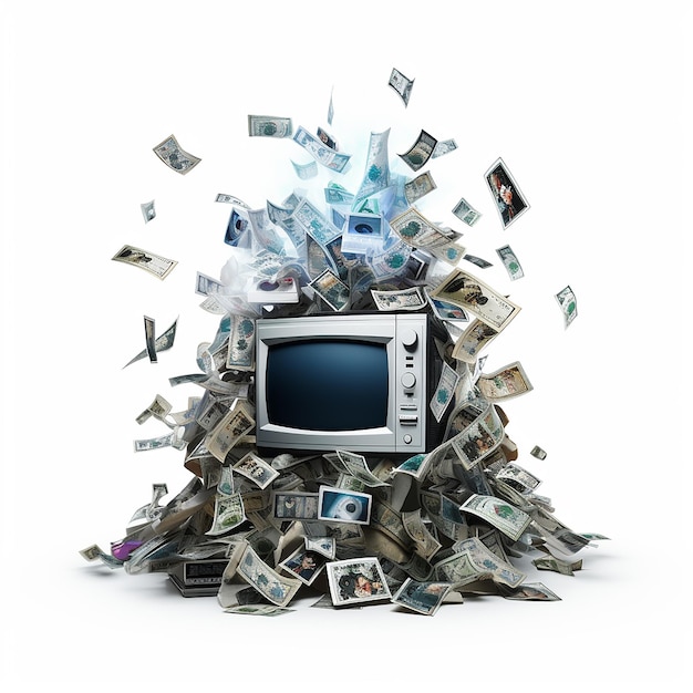 a pile of money with a tv on top of it