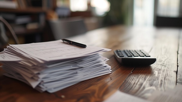 Pile of Mortgage Papers Next to Calculator and Pen on Wooden Desk