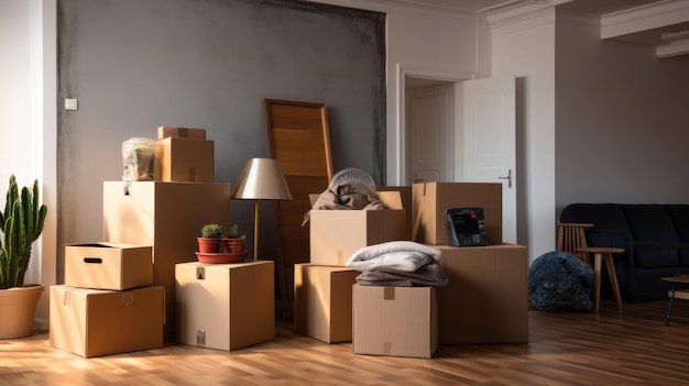 A pile of moving boxes in the room Created with Generative AI technology