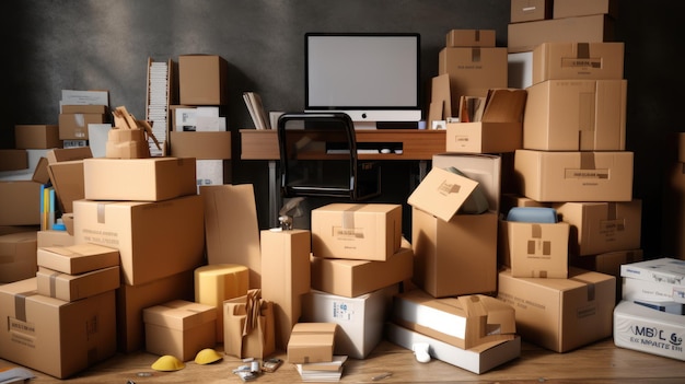 A pile of moving boxes in the room Created with Generative AI technology