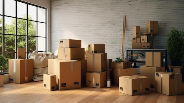 A pile of moving boxes in the room Created with Generative AI technology