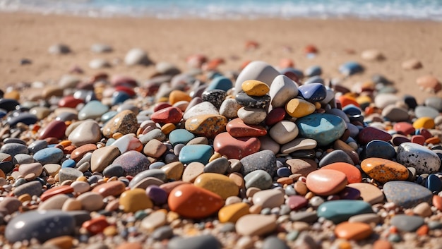 Pile of multi color pebbles stone on a natural beach background design wallpaper generated by AI