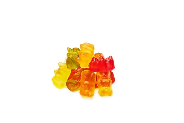 Pile of Multicolored Gummy Bears Candy Isolated on White Background. Jelly Sweets of Different Colors