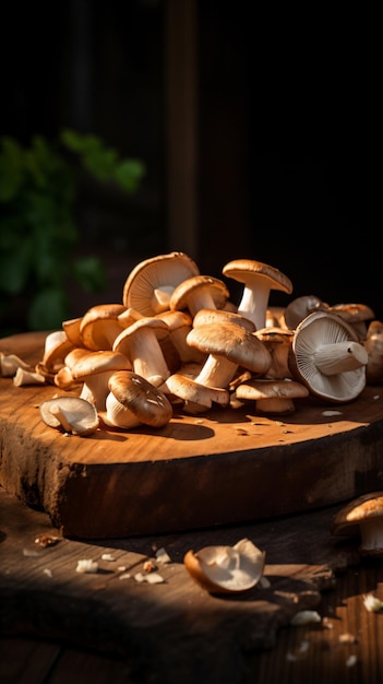 a pile of mushrooms on a cutting board