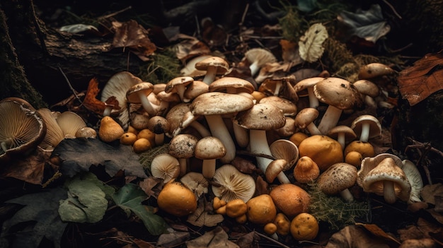 A pile of mushrooms and other mushrooms on a leafy ground.