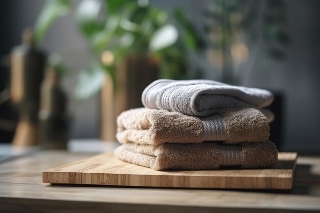 Pile of neatly folded towels on a rustic cutting board Generative AI