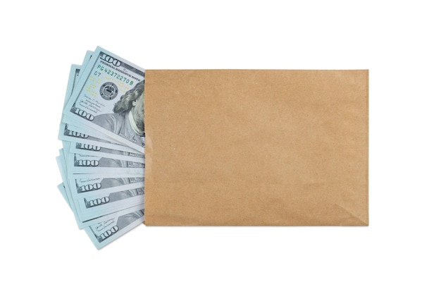 Pile of new design US dollar bills in brown envelope isolated on white background