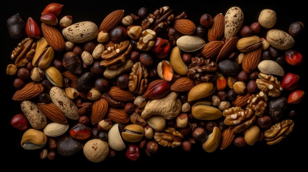 A pile of nuts on a black background