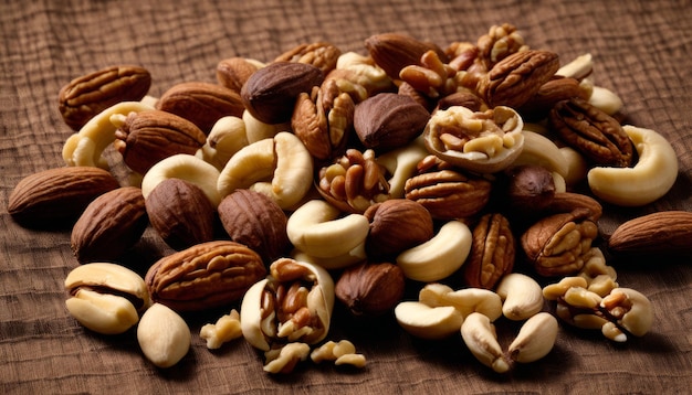 A pile of nuts and peanuts on a wooden table