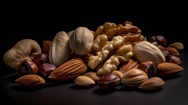 A pile of nuts and pistachios on a black background