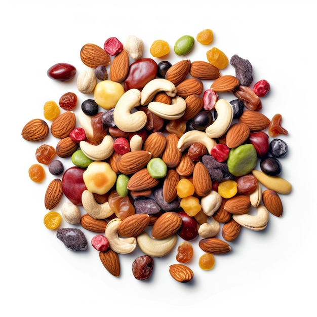 A pile of nuts and seeds on a white background