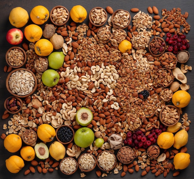 a pile of nuts and walnuts are arranged in a circle