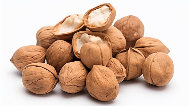 a pile of nuts on a white surface