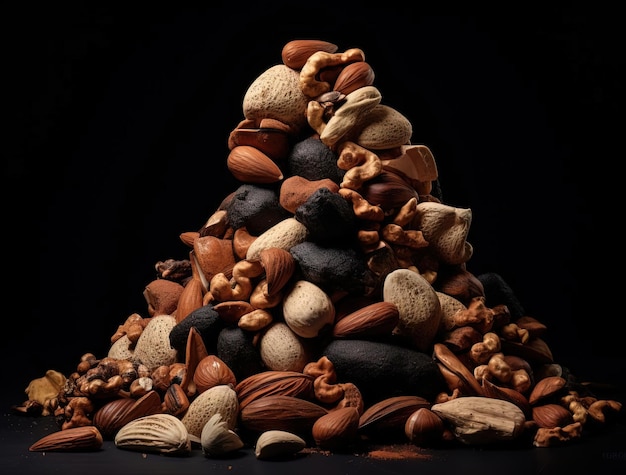 a pile of nuts with a dark brown background