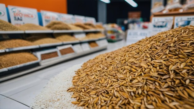 Photo pile of oats at a bulk food store with packages in background
