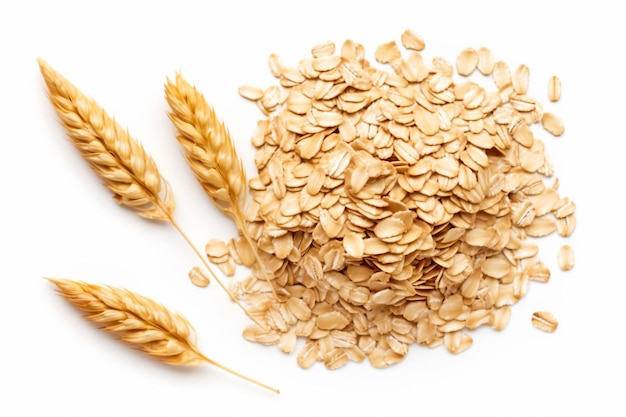 a pile of oats next to a stalk of wheat