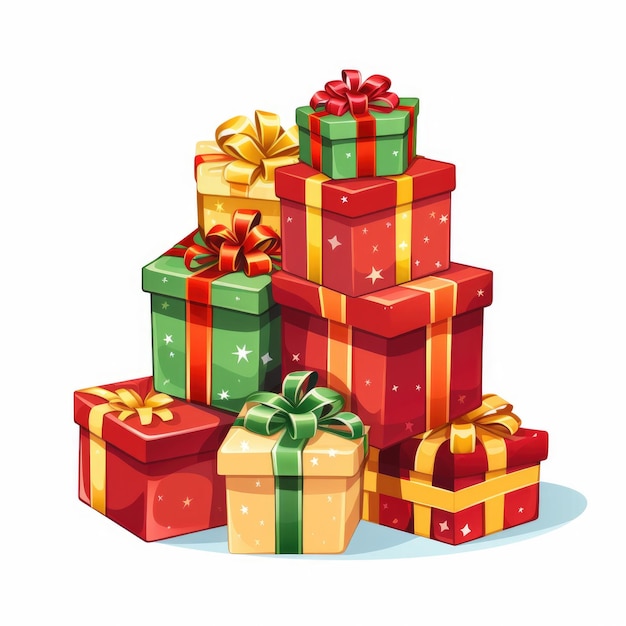 写真 pile of gift boxes with bows isolated on white background drawn cartoon style present for christmas new year or birthday